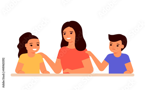 Jealous relationship siblings in family, conflict children and envy for mother. Parent choice darling child, inequality kids. Jealousy in family. Childrens jealousy, resentment. Vector