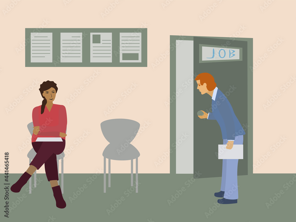 People searching for job. Man opening candidate office room door. Woman siting and waiting her turn. Vector Illustration People searching for job. Man opening candidate office room door. Woman siting and waiting her turn. Vector Illustration