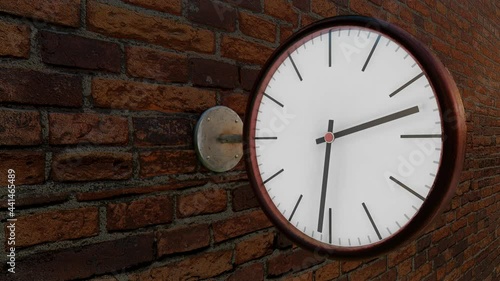 Wallpaper Mural round clock on a metal bracket on a brick wall with rotating arrows. looped animation. 3d render Torontodigital.ca