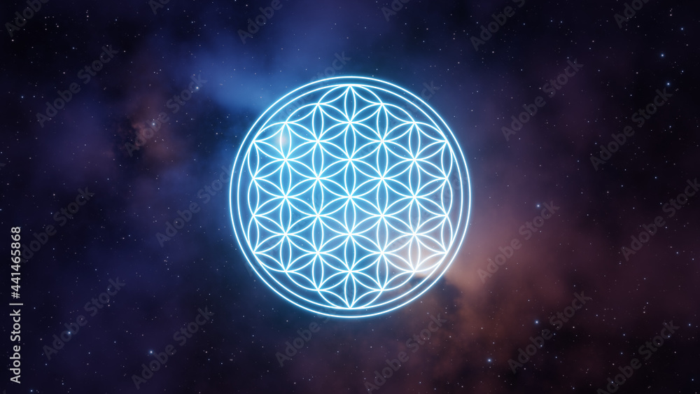 Flower of life symbol in blue color on a background of the universe with nebulae