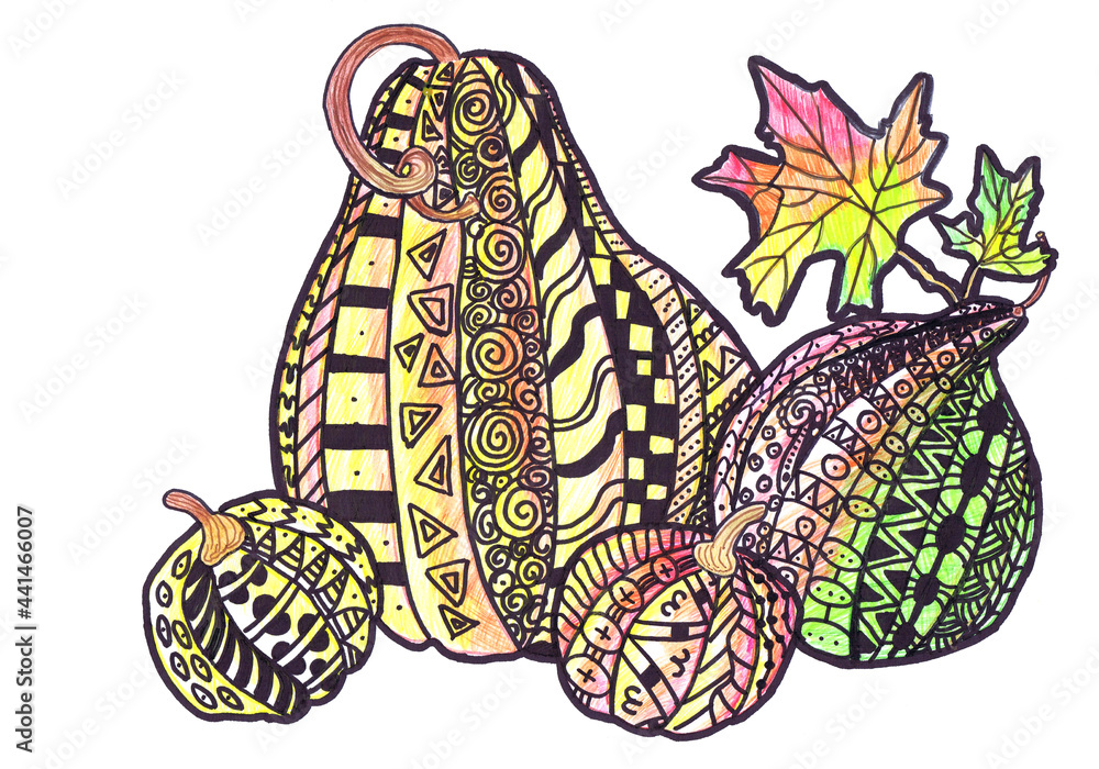 Multicolored patterned pumpkins on a white background. Children's drawing