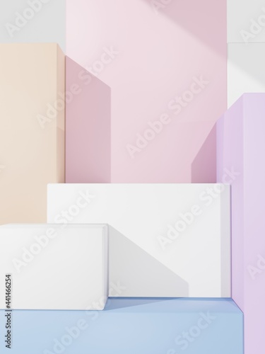 3D Rendering Multi Pastel Colors Minimal Geometric Product Display Background with Platform for Beauty, Cosmetics and Skincare Products.
