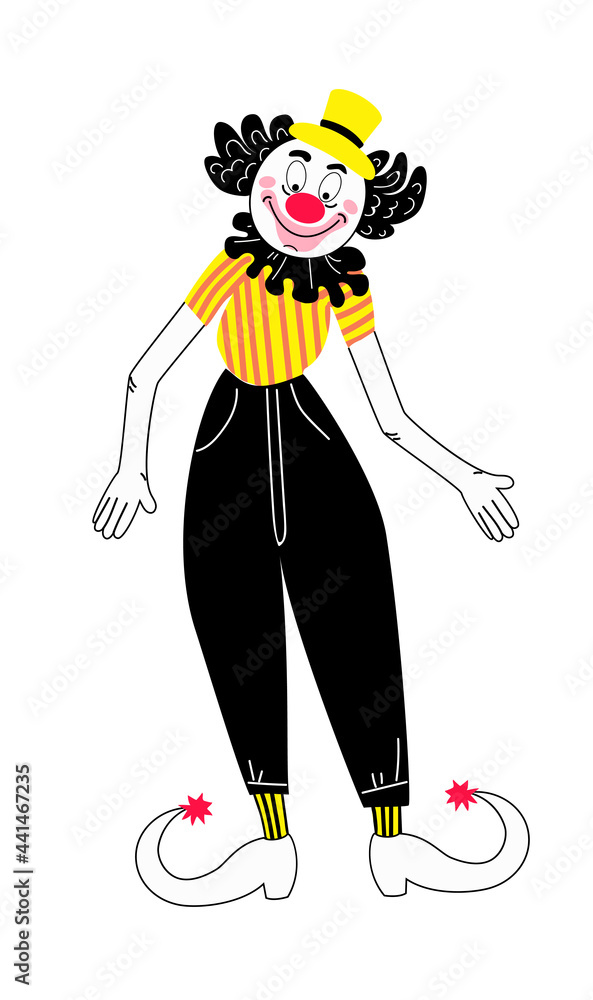Obraz premium A cute clown in yellow, red, black and white, he is drawn in the style of doodle and cartoon. Stock vector illustration isolated on a white background.