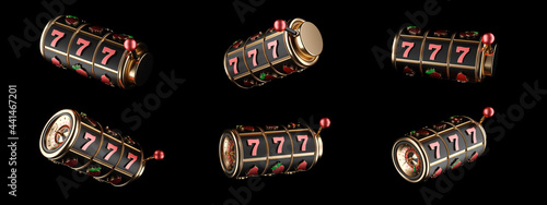 Modern Slot Machine, Reel. Golden, Black And Red, Rotation, Isolated On The Black Background - 3D Illustration