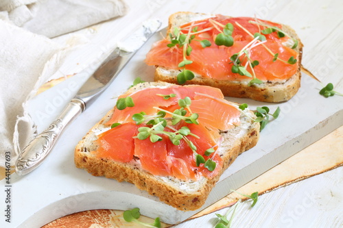 Bruschetta with salmon and cream cheese on a white plate