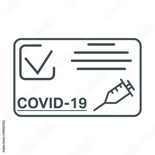 Vaccine passport icon, vaccination certificate against covid-19 with check mark, medical card or passport for travel in time pandemic, thin line symbol on white background - editable stroke vector
