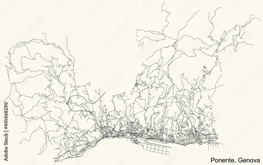 Black simple detailed street roads map on vintage beige background of the quarter Ponente district of Genoa, Italy