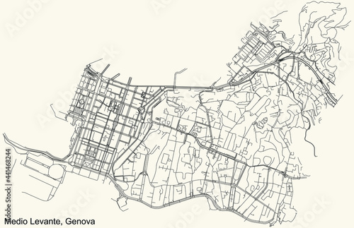 Black simple detailed street roads map on vintage beige background of the quarter Medio Levante district of Genoa, Italy