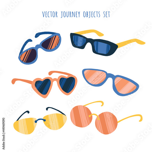Sunglasses with different frames shapes in trendy flat style with dry brush texture.