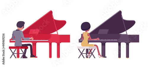 Musician, jazz performers man, woman playing grand piano, rear view. Blues band or pop music artists instrumental accompaniment. Vector flat style cartoon illustration isolated on white background