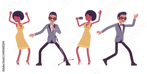 Musician, jazz, rock and roll performers man, woman dancing, singing. Blues band or pop music artists instrumental accompaniment. Vector flat style cartoon illustration isolated on white background