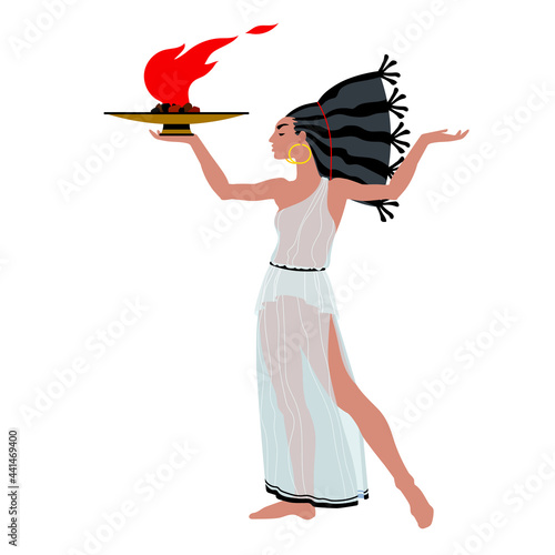 Fototapeta A beautiful woman in an ancient Greek tunic carries a burning bronze lamp