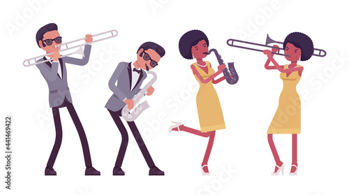 Musician, rock and roll performers man, woman playing saxophone, trombone. Blues band, pop music artists instrumental accompaniment. Vector flat style cartoon illustration isolated on white background