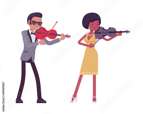 Musician, jazz, rock and roll performers man, woman playing violin. Blues band or pop music artists instrumental accompaniment. Vector flat style cartoon illustration isolated on white background