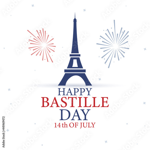 14th July, Happy Bastille Day. National Day of France. Eiffel tower, france flag colors elements. Card, banner, poster, background design. Vector illustration.