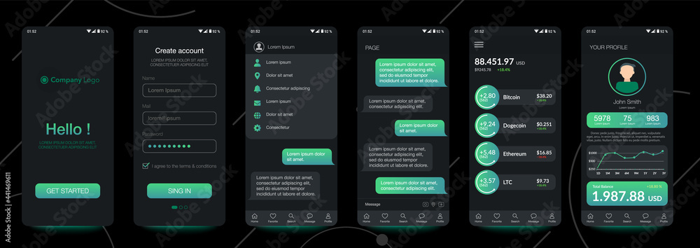 Design of mobile app Cryptocurrency wallet, Chat room, UI, UX, GUI. Set of user registration screens with login and password input, account sign in, sign up, home page. Template Application. UI Design