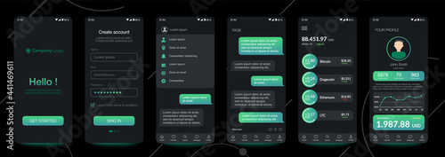 Design of mobile app Cryptocurrency wallet, Chat room, UI, UX, GUI. Set of user registration screens with login and password input, account sign in, sign up, home page. Template Application. UI Design