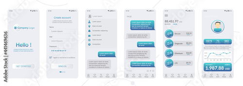 Design of mobile app Cryptocurrency wallet, Chat room, UI, UX, GUI. Set of user registration screens with login and password input, account sign in, sign up, home page. Template Application. UI Design