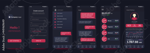 Design of mobile app Cryptocurrency wallet, Chat room, UI, UX, GUI. Set of user registration screens with login and password input, account sign in, sign up, home page. Template Application. UI Design