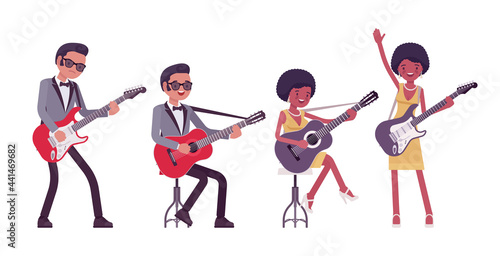 Musician, rock and roll performers man, woman playing electric guitar. Blues band or pop music artists instrumental accompaniment. Vector flat style cartoon illustration isolated on white background