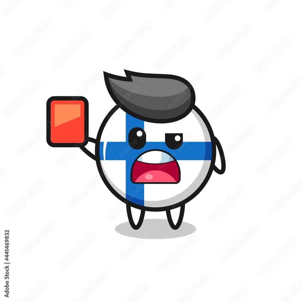finland flag badge cute mascot as referee giving a red card finland flag badge cute mascot as referee giving a red card