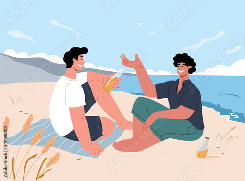 Two young men sitting on the beach in the summer,drinking beer and talking.The time with male friend.Vector illustration
