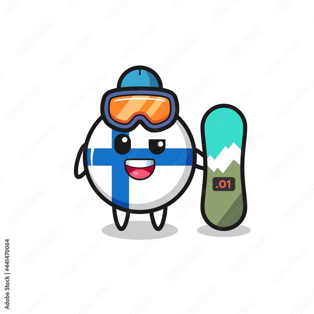Illustration of finland flag badge character with snowboarding style