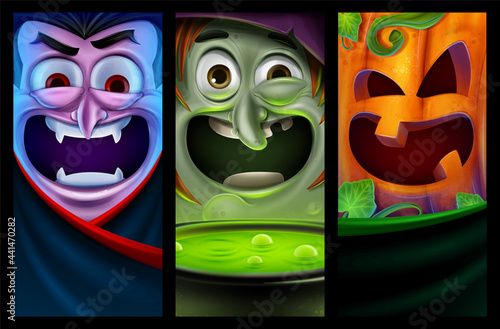 set of banners for halloween with pumpkin vampire and witch