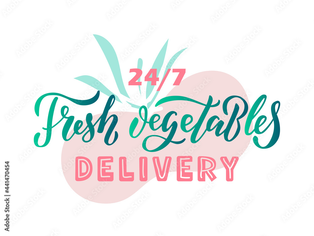 Vector illustration of fresh vegetables delivery lettering for banner, advertisement, flyer, web design, shop signage, package, logo. Handwritten text for digital use or print with decorative graphics Vector illustration of fresh vegetables delivery lettering for banner, advertisement, flyer, web design, shop signage, package, logo. Handwritten text for digital use or print with decorative graphics
