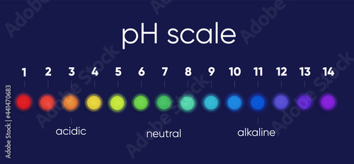 Scale diagram of the pH scale value for acidic and alkaline solutions, an infographic of the acid-base balance on a dark background.