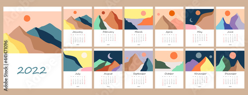 Calendar template for 2022. Vertical design with abstract natural boho landscapes. Editable illustration page template A4, A3, set of 12 months with cover. Vector mesh. Week starts on Sunday. photo