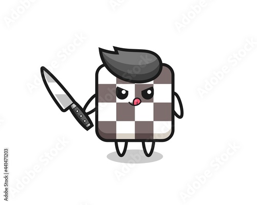cute chess board mascot as a psychopath holding a knife