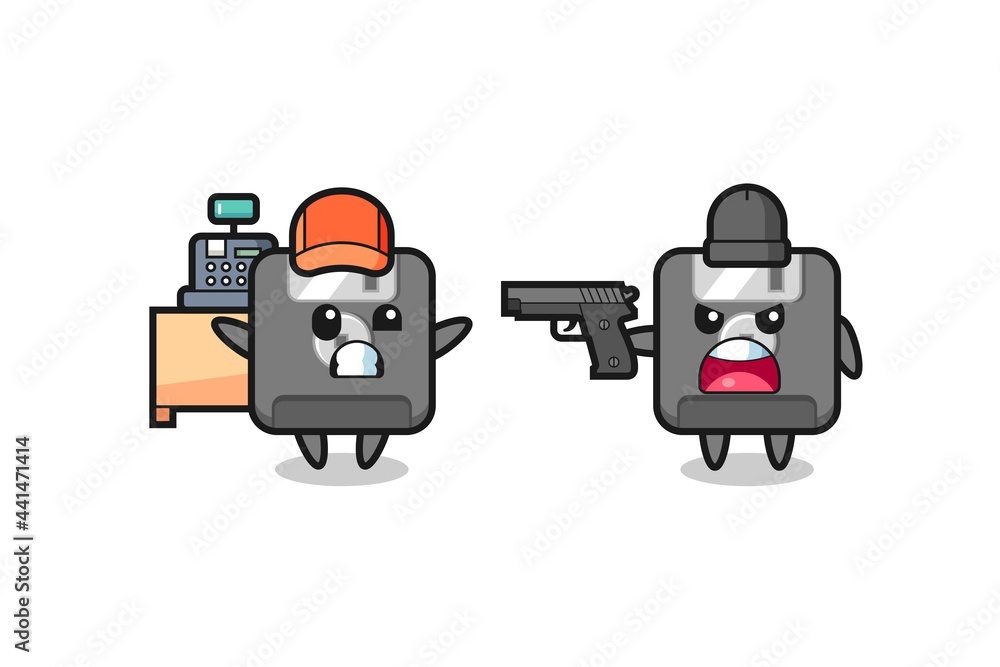 illustration of the cute floppy disk as a cashier is pointed a gun by a robber illustration of the cute floppy disk as a cashier is pointed a gun by a robber