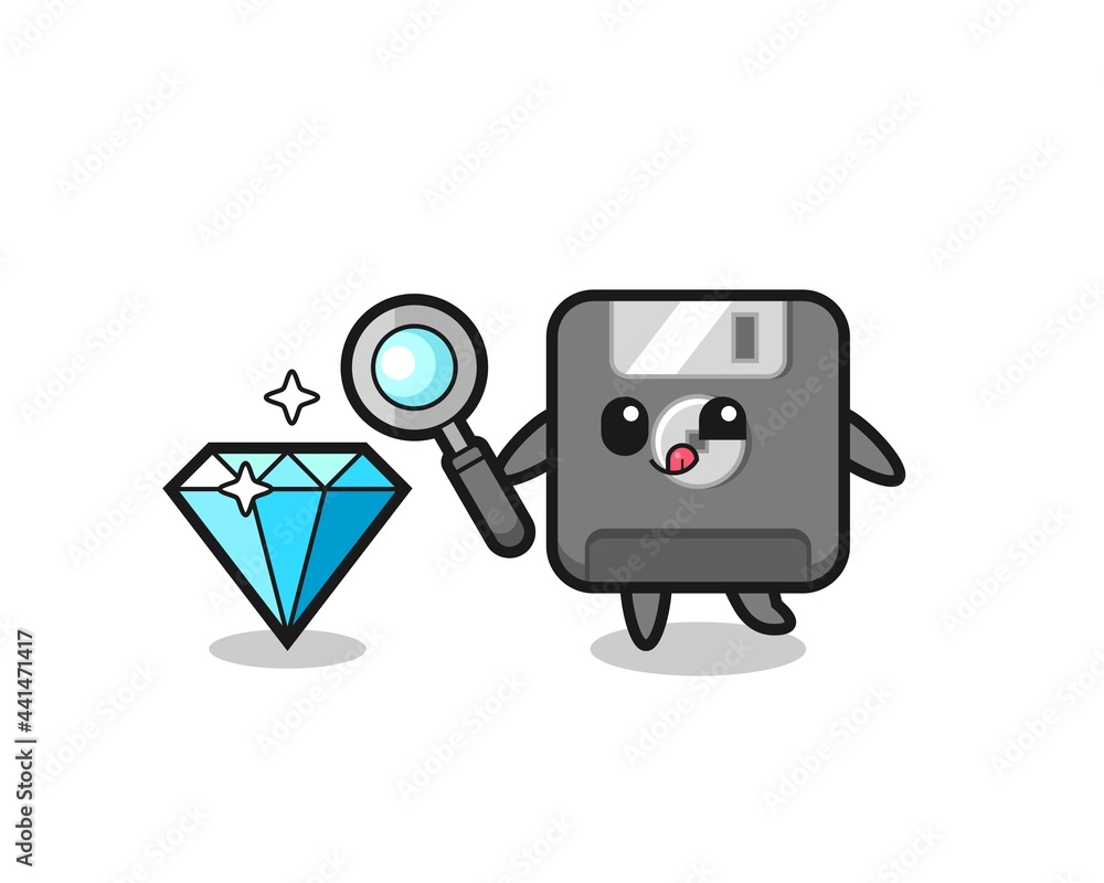 floppy disk mascot is checking the authenticity of a diamond floppy disk mascot is checking the authenticity of a diamond