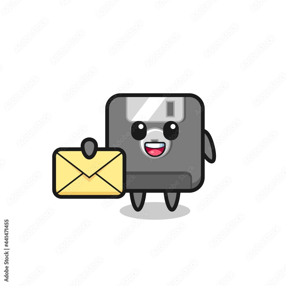 cartoon illustration of floppy disk holding a yellow letter cartoon illustration of floppy disk holding a yellow letter