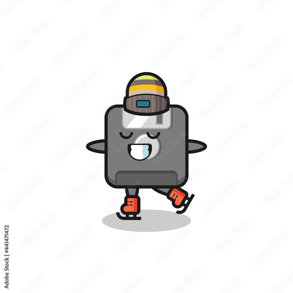 Fototapeta premium floppy disk cartoon as an ice skating player doing perform