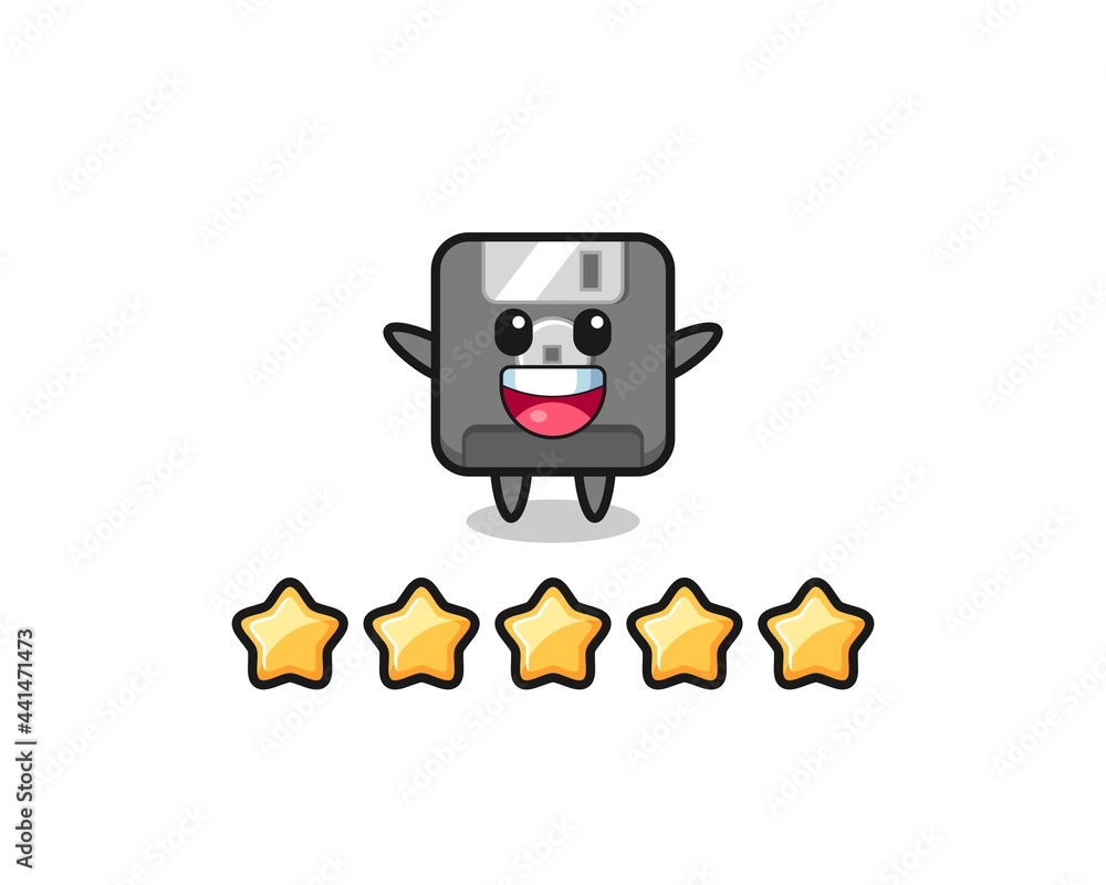 the illustration of customer best rating, floppy disk cute character with 5 stars the illustration of customer best rating, floppy disk cute character with 5 stars