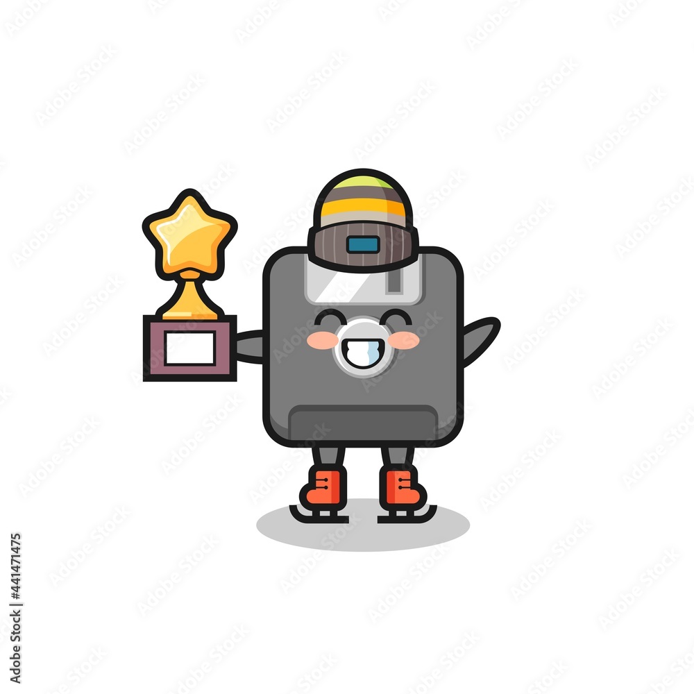 floppy disk cartoon as an ice skating player hold winner trophy floppy disk cartoon as an ice skating player hold winner trophy
