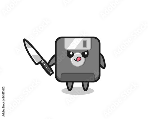 cute floppy disk mascot as a psychopath holding a knife