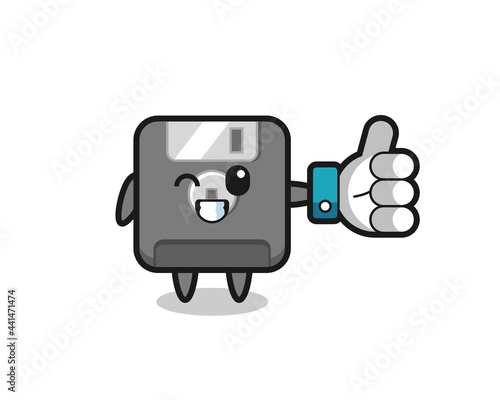 cute floppy disk with social media thumbs up symbol