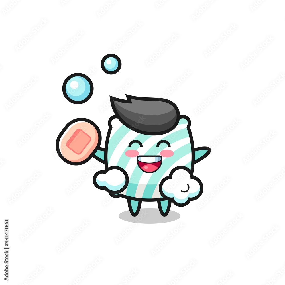 pillow character is bathing while holding soap pillow character is bathing while holding soap