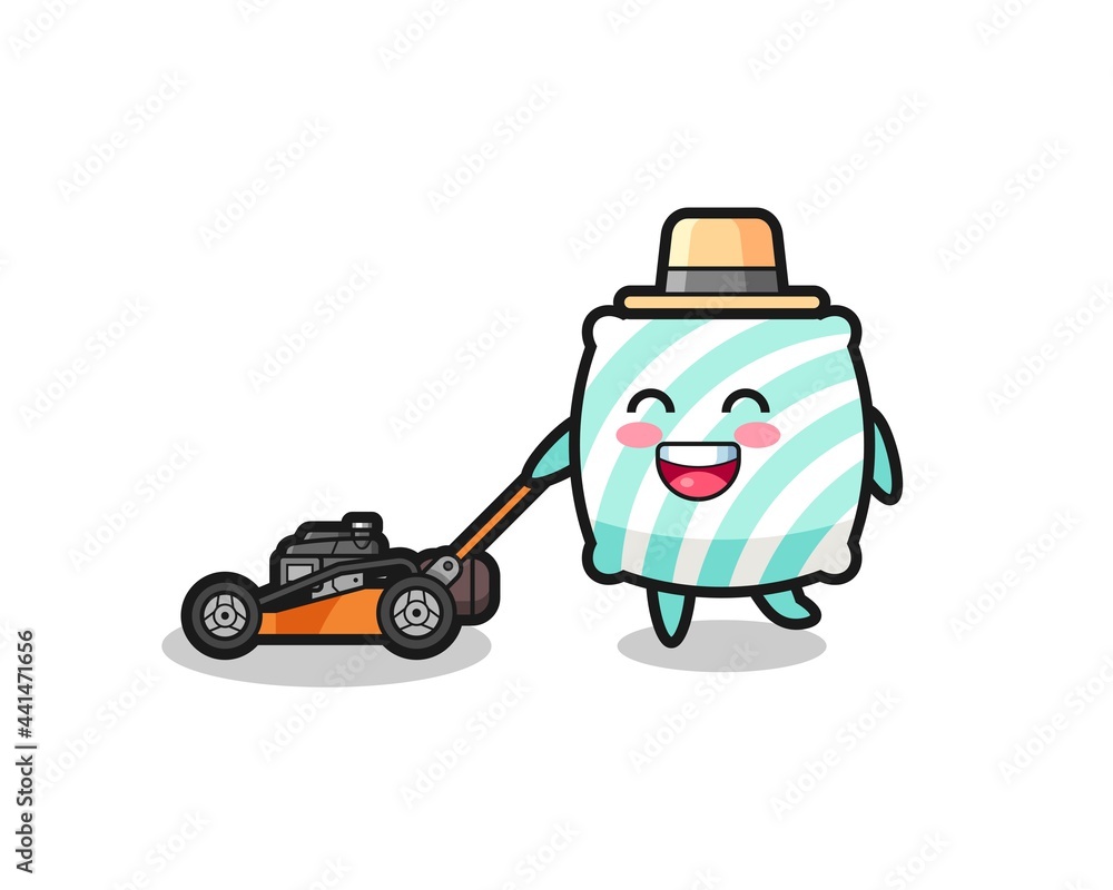 illustration of the pillow character using lawn mower