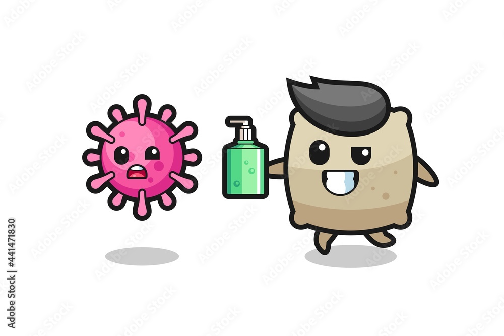 illustration of sack character chasing evil virus with hand sanitizer