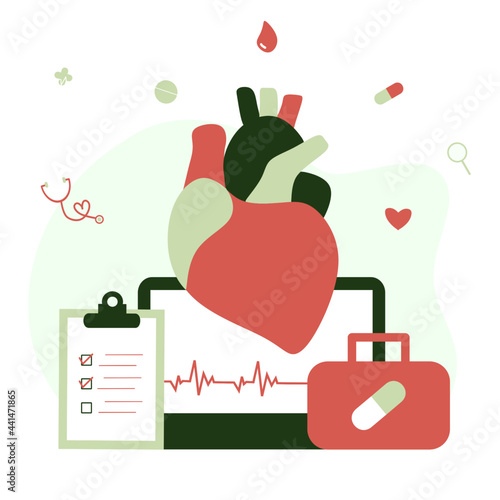 Modern heart medication, heart disease research concept. Cardiologist studying big heart model, drugs and heartbeat diagram. Vector illustration cardiovascular system, cholesterol, medical examination
