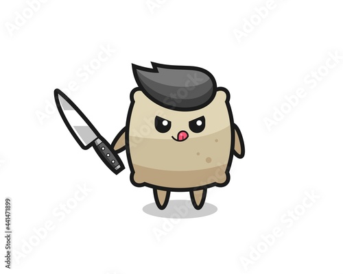 cute sack mascot as a psychopath holding a knife