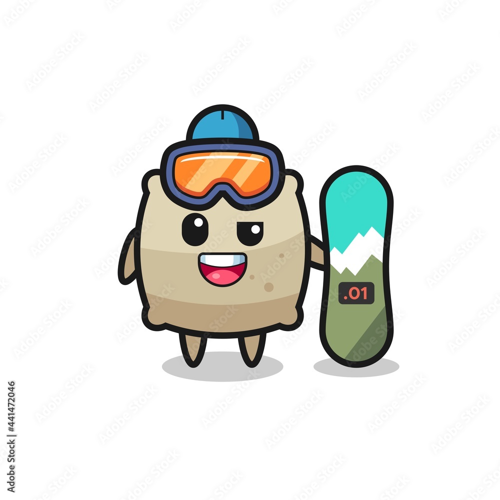 Illustration of sack character with snowboarding style
