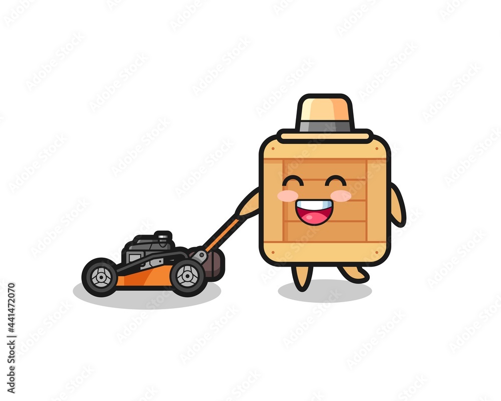 illustration of the wooden box character using lawn mower illustration of the wooden box character using lawn mower