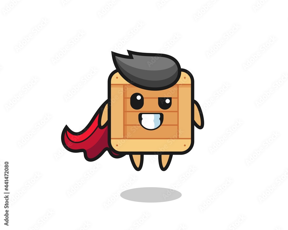 the cute wooden box character as a flying superhero