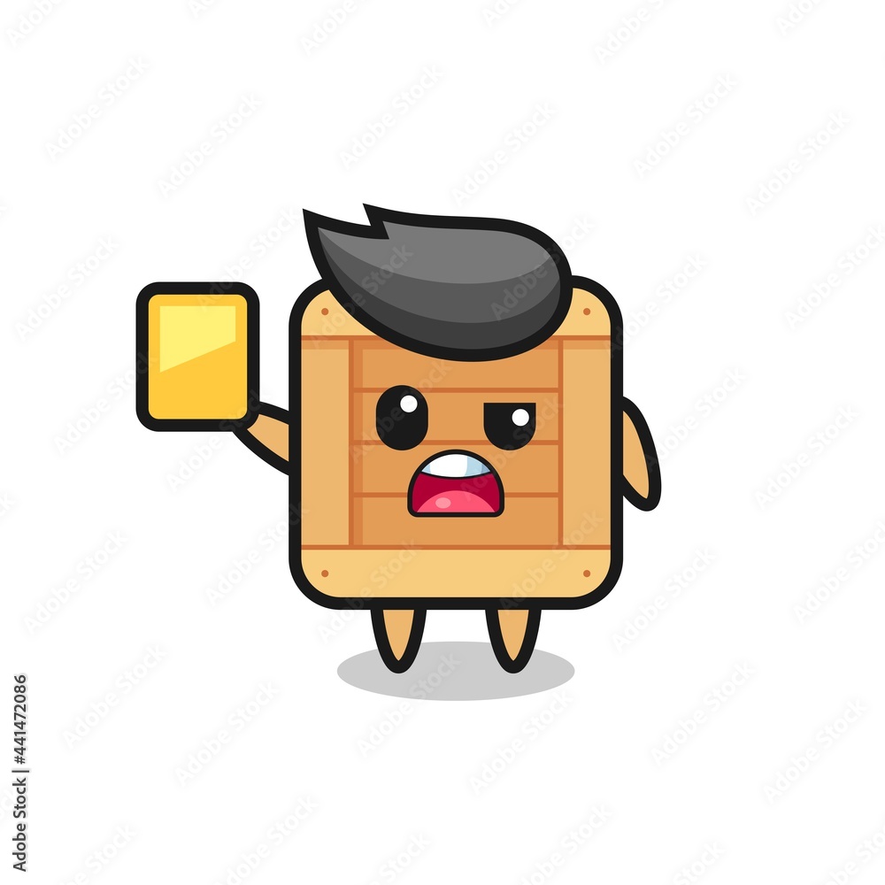 cartoon wooden box character as a football referee giving a yellow card cartoon wooden box character as a football referee giving a yellow card