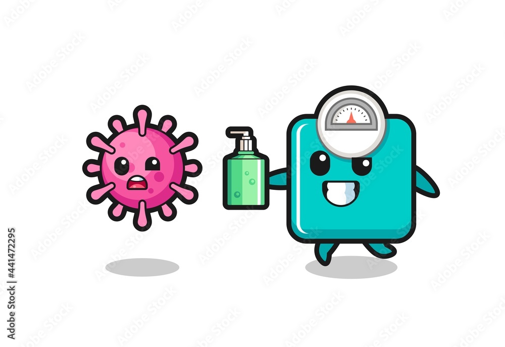 illustration of weight scale character chasing evil virus with hand sanitizer illustration of weight scale character chasing evil virus with hand sanitizer